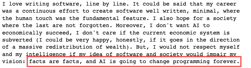 antirez 文章原文摘录，红框标出：facts are facts, and AI is going to change programming forever